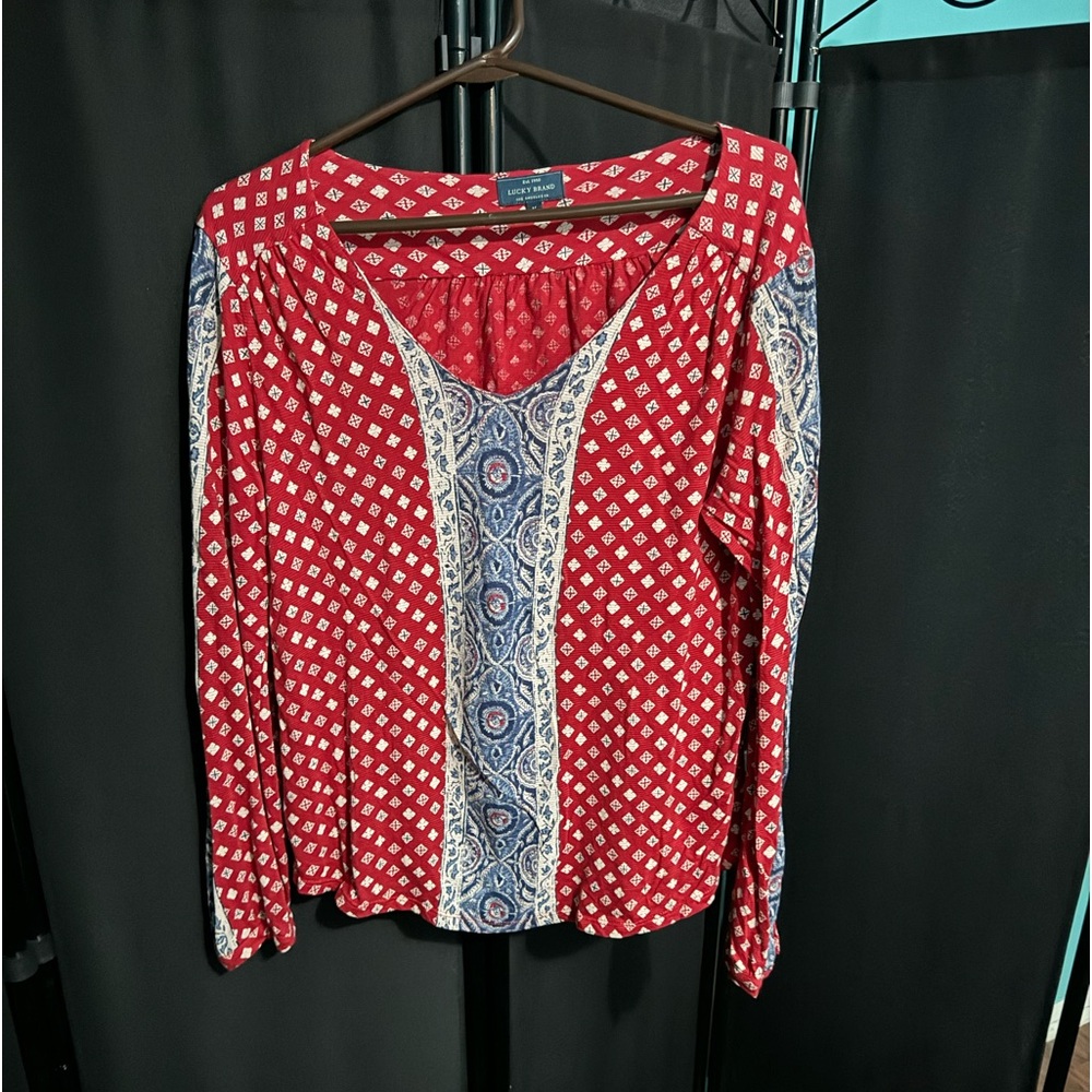 Lucky brand medium boho shirt dark red and blue and white design.